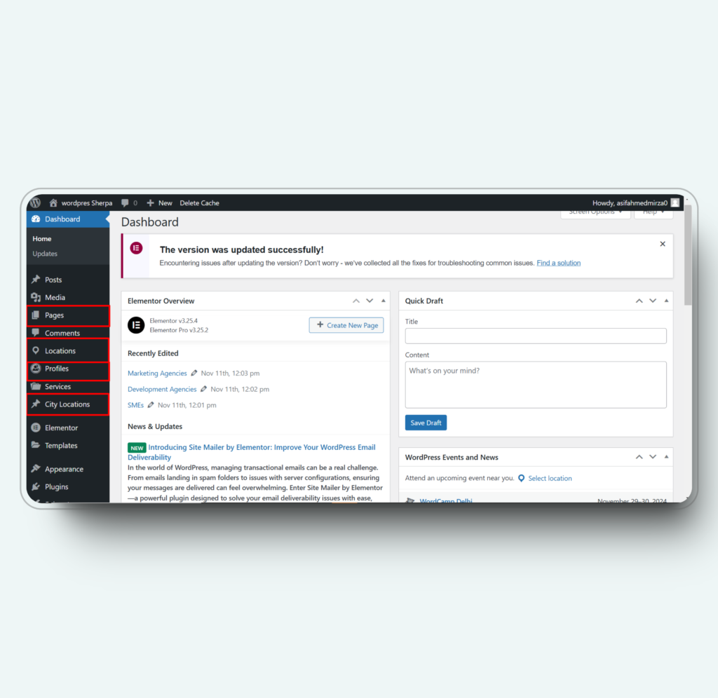 WordPress dashboard displaying updates, pages, and tools for website SEO management.