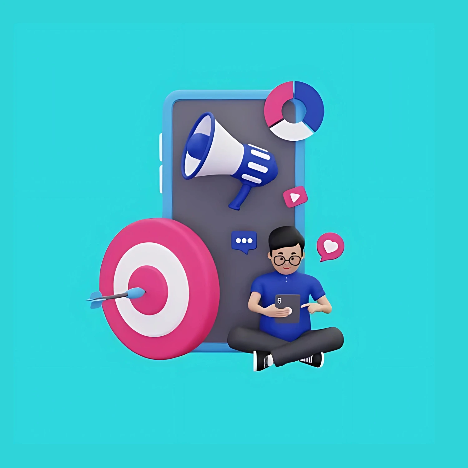 3D illustration of a person using a phone with social media icons, target, and megaphone.